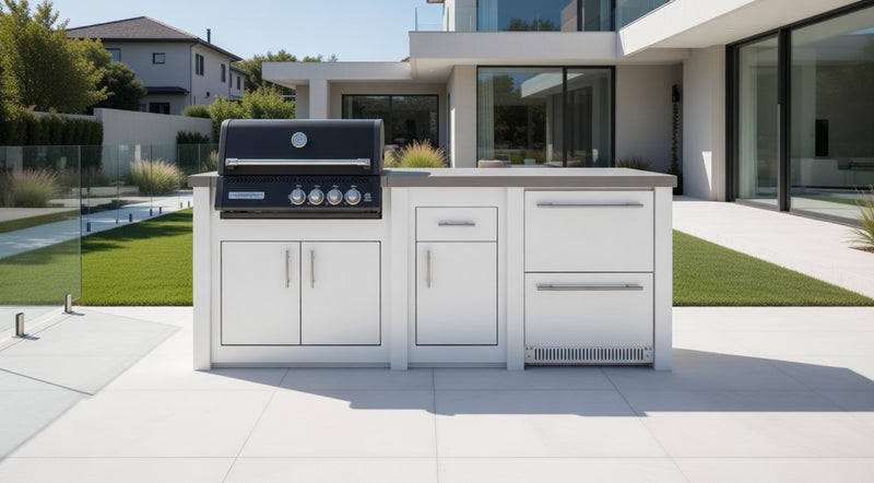 Grandpro by Stoll Aluminum Outdoor Kitchen White, Black Crossray and Double Drawer Fridge | 2.5M