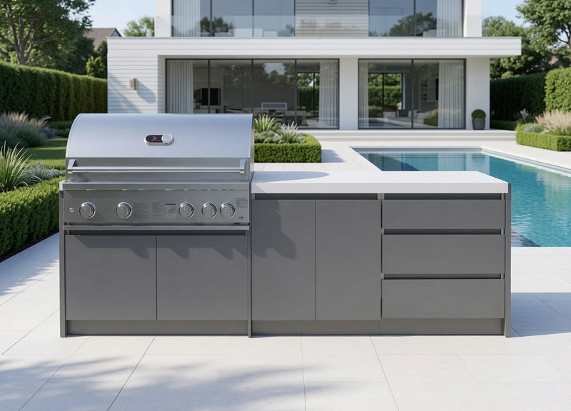 Whistler Fairford Grey Outdoor Kitchen with Burford 5-Burner BBQ | 2.7M Full-Length