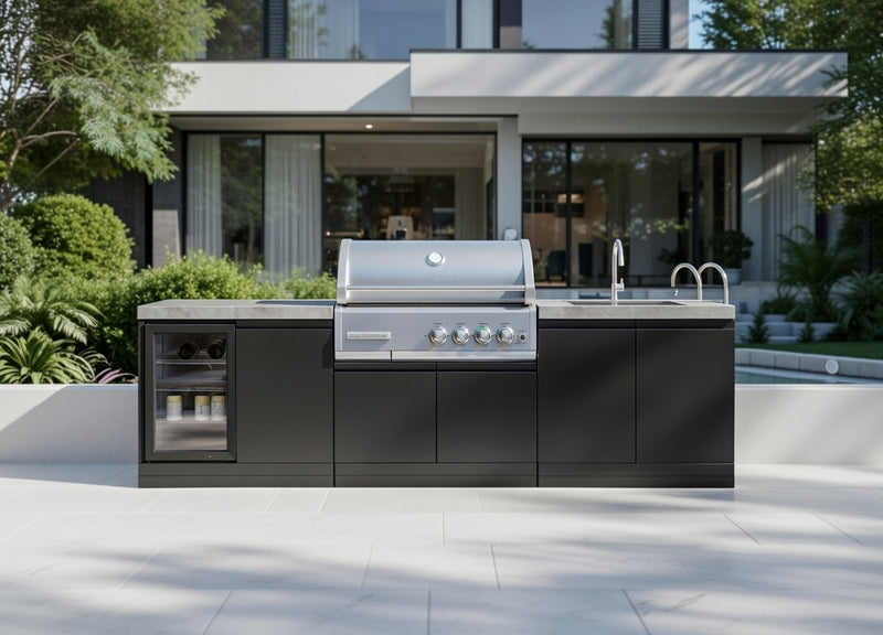 GrandPro Outdoor Kitchen with CrossRay 4 Burner BBQ, Fridge and Sink - 2.8m