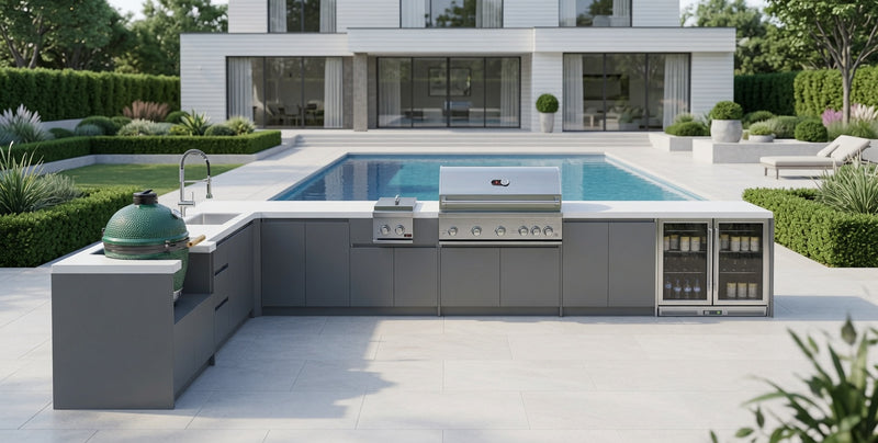 Whistler Fairford Grey L-Shaped Outdoor Kitchen with Burford 5-Burner BBQ | Dimensions 3.1m x 5.1m