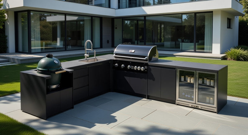 Whistler Fairford L-Shaped Black Outdoor Kitchen with Burford 5-Burner BBQ | Dimensions 3.1m x 3.5m