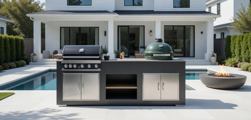 Grillandia Outdoor Kitchen Paired with Grandpro 5 Burner Gas BBQ, and XL Green Egg | 3.2M