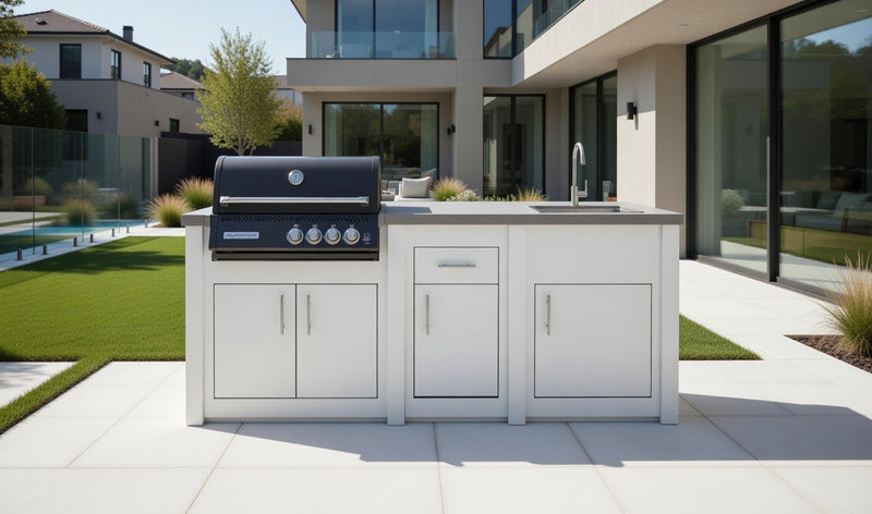 Grandpro by Stoll Aluminum Outdoor Kitchen White Black Crossray, Green Egg and Sink | 3.2M