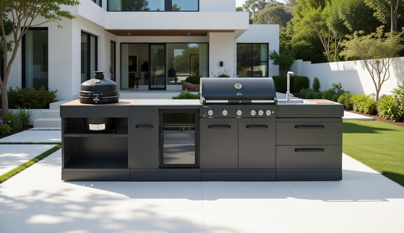 GRLLR Outdoor Kitchen 5 Burner BBQ, Fridge, Sink and Kamado | Full length 3.5M