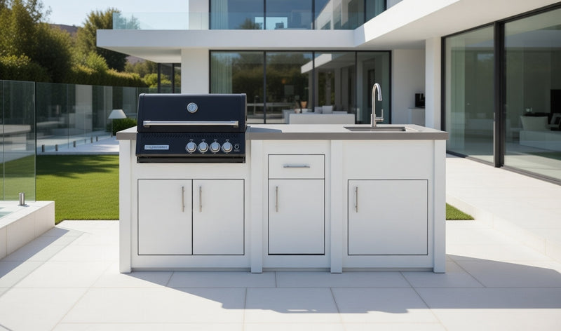 Grandpro by Stoll Aluminum Outdoor Kitchen White Black Crossray, Green Egg and Sink | 3.2M