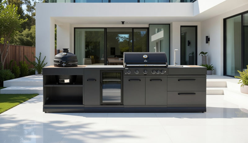 GRLLR Outdoor Kitchen 5 Burner BBQ, Fridge, Sink and Kamado | Full length 3.5M