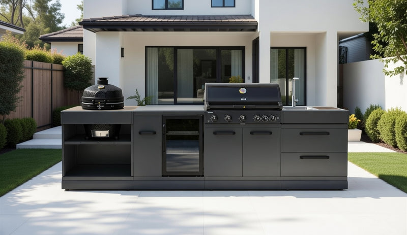 GRLLR Outdoor Kitchen 5 Burner BBQ, Fridge, Sink and Kamado | Full length 3.5M