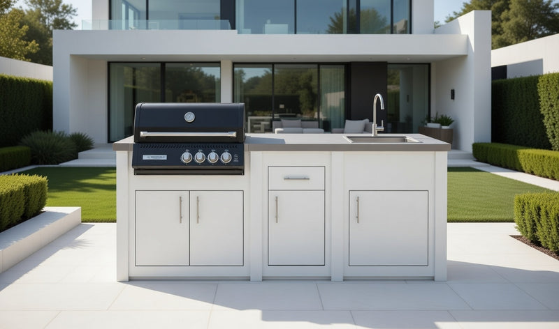 Grandpro by Stoll Aluminum Outdoor Kitchen White Black Crossray, Green Egg and Sink | 3.2M