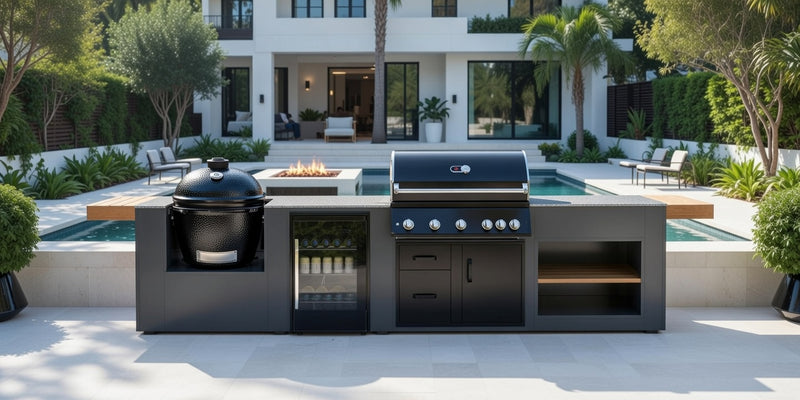 Grillandia Outdoor Kitchen Paired with Whistler Burford 5 Burner, Primo LG300, and Fridge | 4m