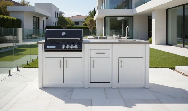 Grandpro by Stoll Aluminum Outdoor Kitchen White Black Crossray, Green Egg and Sink | 3.2M