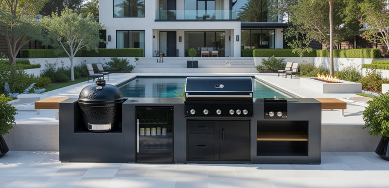 Grillandia Outdoor Kitchen Paired with Whistler Burford 5 Burner, Primo LG300, and Fridge | 4m