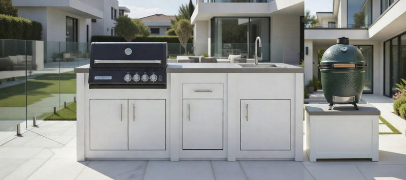 Grandpro by Stoll Aluminum Outdoor Kitchen White Black Crossray, Green Egg and Sink | 3.2M