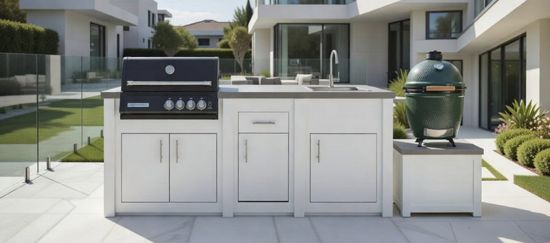 Grandpro by Stoll Aluminum Outdoor Kitchen White Black Crossray, Green Egg and Sink | 3.2M