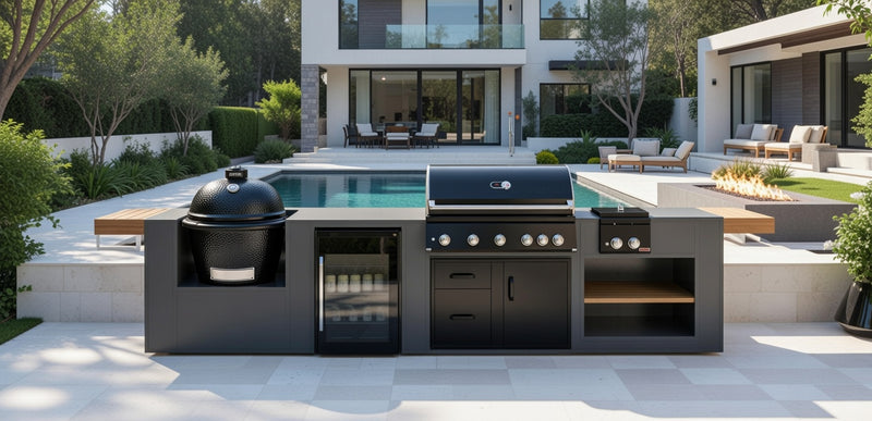 Grillandia Outdoor Kitchen Paired with Whistler Burford 5 Burner, Primo LG300, and Fridge | 4m