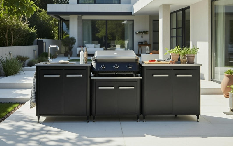 Cozze Outdoor kitchen plus 3 Burner Plancha 800 Gas BBQ and Sink |3M
