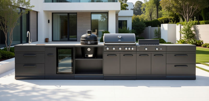 GRLLR Outdoor Kitchen 5 Burner BBQ, Stove unit,Fridge, Sink and Kamado | Full length 5M