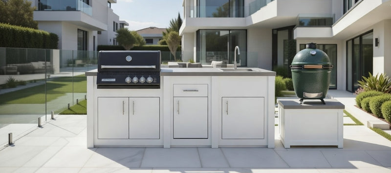 Grandpro by Stoll Aluminum Outdoor Kitchen White Black Crossray, Green Egg and Sink | 3.2M