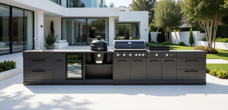GRLLR Outdoor Kitchen 5 Burner BBQ, Stove unit,Fridge, Sink and Kamado | Full length 5M
