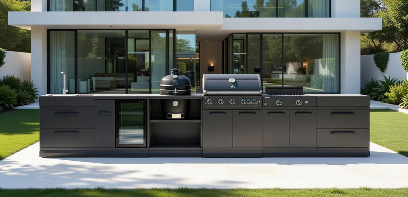 GRLLR Outdoor Kitchen 5 Burner BBQ, Stove unit,Fridge, Sink and Kamado | Full length 5M