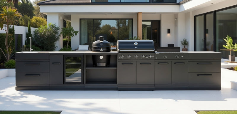 GRLLR Outdoor Kitchen 5 Burner BBQ, Stove unit,Fridge, Sink and Kamado | Full length 5M