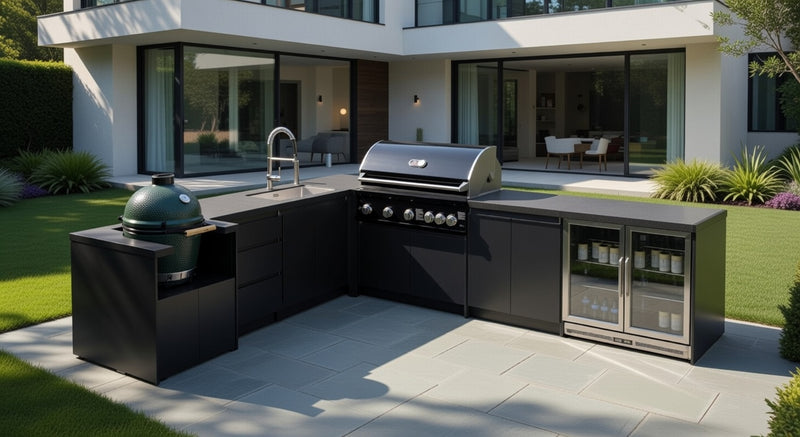 Whistler Fairford L-Shaped Black Outdoor Kitchen with Burford 5-Burner BBQ | Dimensions 3.1m x 3.5m
