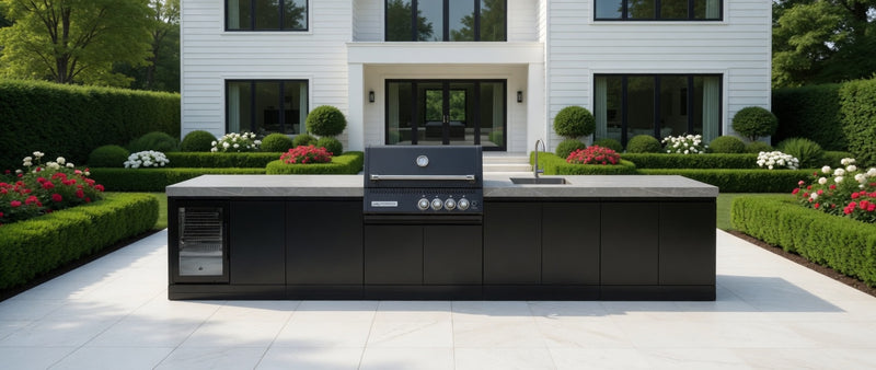 GrandPro Outdoor Kitchen with Black CrossRay 4 Burner BBQ, Fridge and Sink - 4140mm