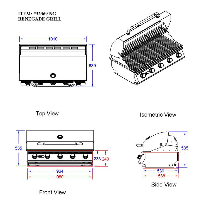 Bull Renegade Built-in 5 Burner Gas BBQ Grill - Stainless Steel