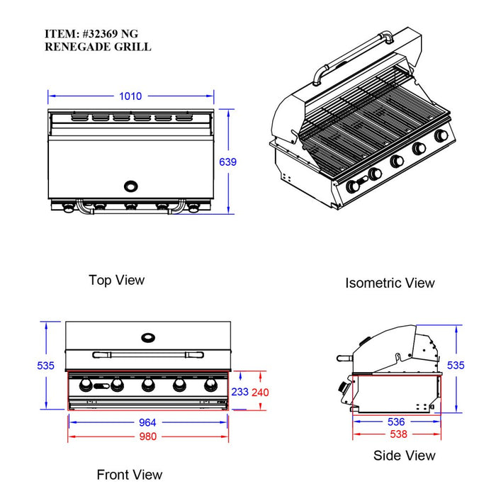 Bull Renegade Built-in 5 Burner Gas BBQ Grill - Stainless Steel