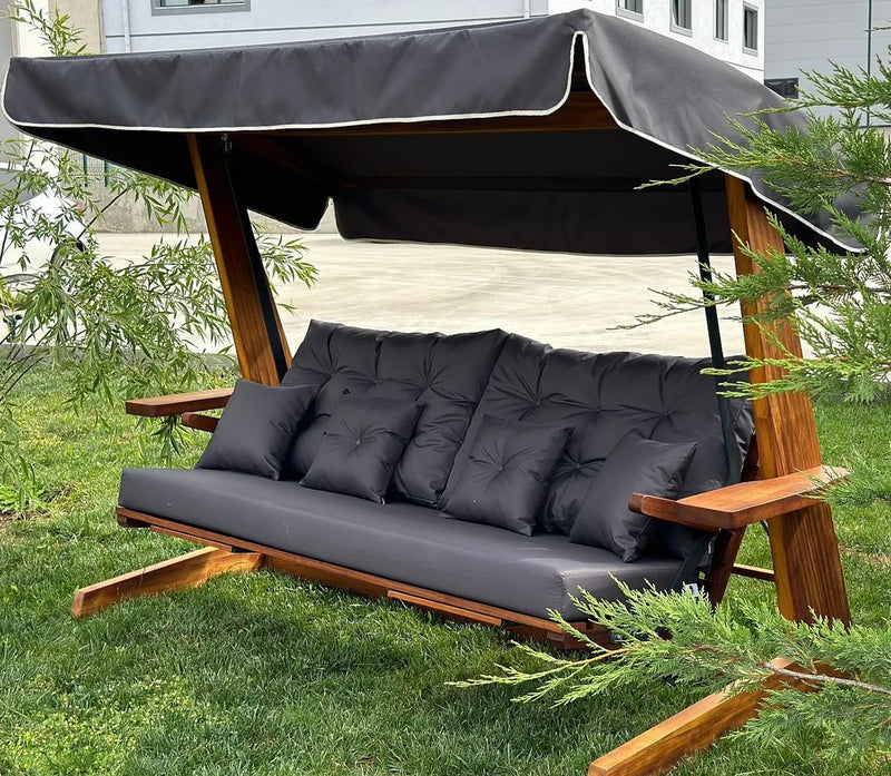 St Andrews Iroko 3 Seater Swing Seat with Grey Cushions