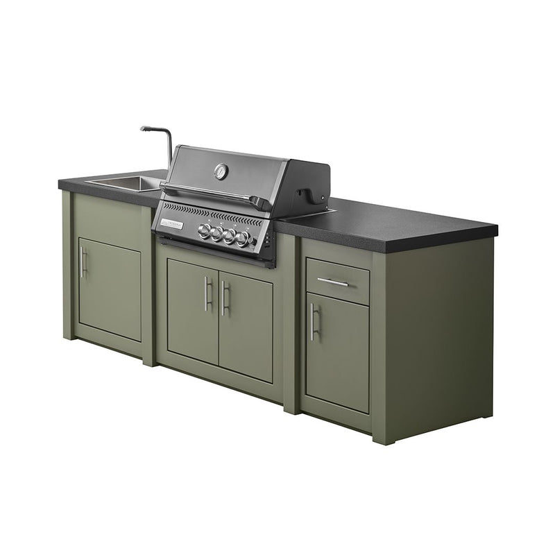 Grandpro by Stoll Aluminum Outdoor Kitchen - Sage Green bar & grill with refrigerator & sink - incl. Crossray C4 infrared barbecue - black