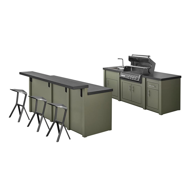 Grandpro by Stoll Aluminum Outdoor Kitchen - Sage Green bar & grill with refrigerator & sink - incl. Crossray C4 infrared barbecue - black