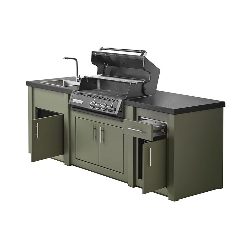 Grandpro by Stoll Aluminum Outdoor Kitchen - Sage Green bar & grill with refrigerator & sink - incl. Crossray C4 infrared barbecue - black