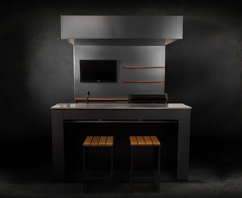 Grillandia Outdoor Kitchen Open Pro Gas Grill Cabana, Stools, 40" TV, and Sink | 2M