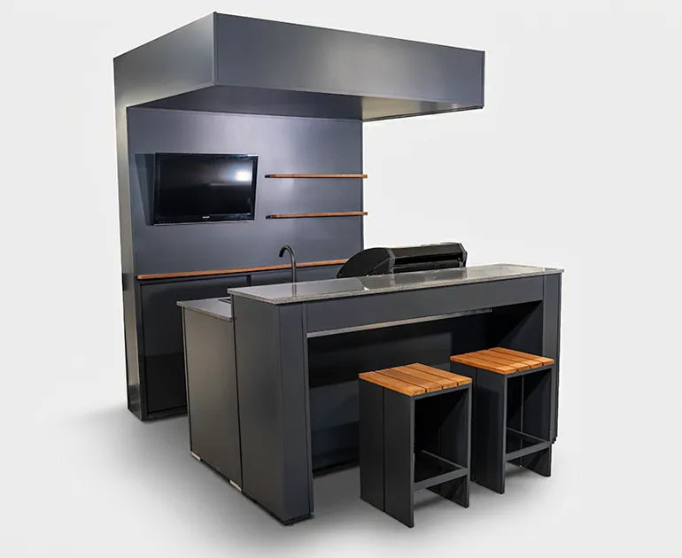 Grillandia Outdoor Kitchen Open Pro Gas Grill Cabana, Stools, 40" TV, and Sink | 2M