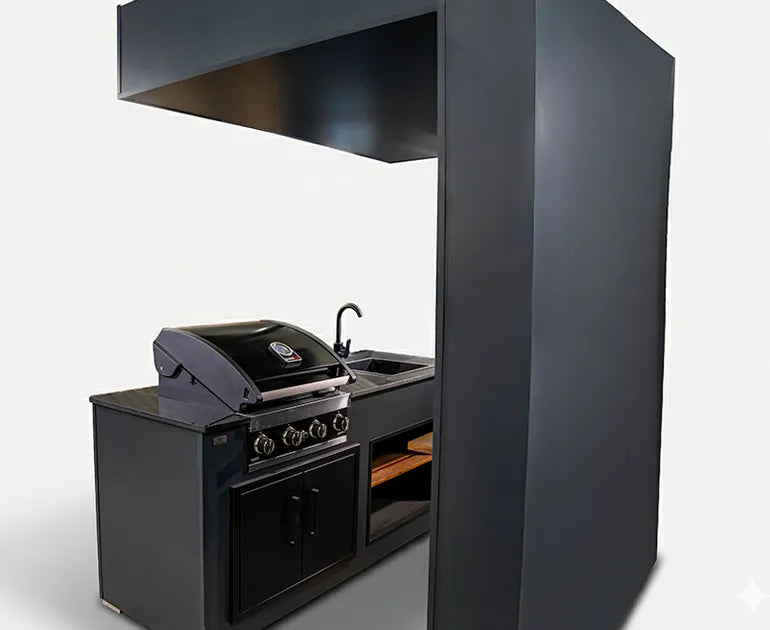 Grillandia Outdoor Kitchen Open Pro Gas Grill Cabana, Stools, 40" TV, and Sink | 2M