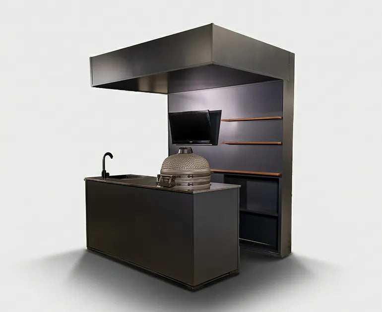 Grillandia Outdoor Kitchen Open Pro Kamado Grill Cabana, Stools, 40" TV, and Sink | 2M