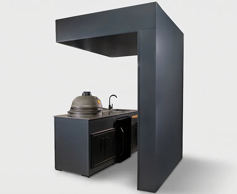 Grillandia Outdoor Kitchen Open Pro Kamado Grill Cabana, Stools, 40" TV, and Sink | 2M