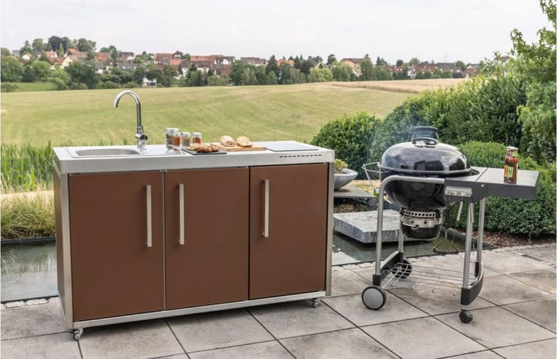 Elfin Compact MO 150 Outdoor Kitchen - With Sink on the Left & Fridge on the Right - Lava Brown