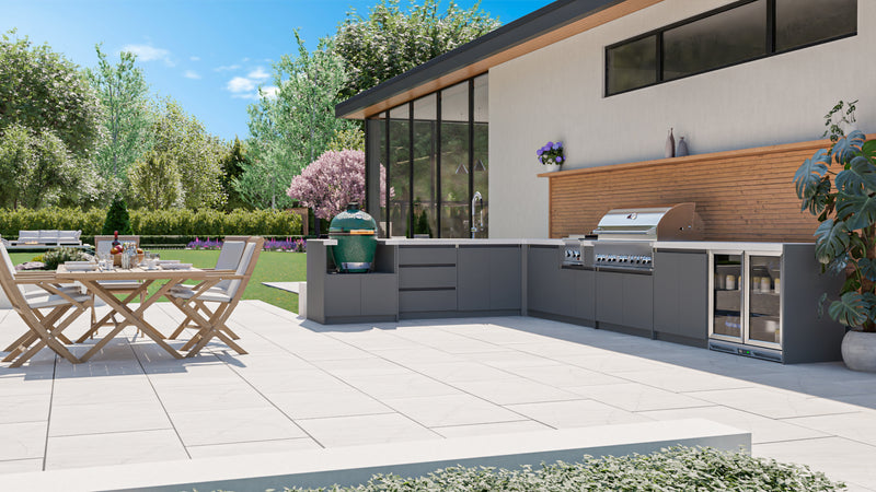 Whistler Fairford Grey L-Shaped Outdoor Kitchen with Burford 5-Burner BBQ | Dimensions 3.1m x 5.1m
