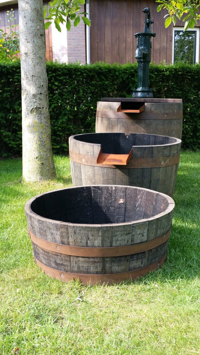 Oak Whisky Barrel Water Fountain - 3 Pieces with Cast Iron Pump