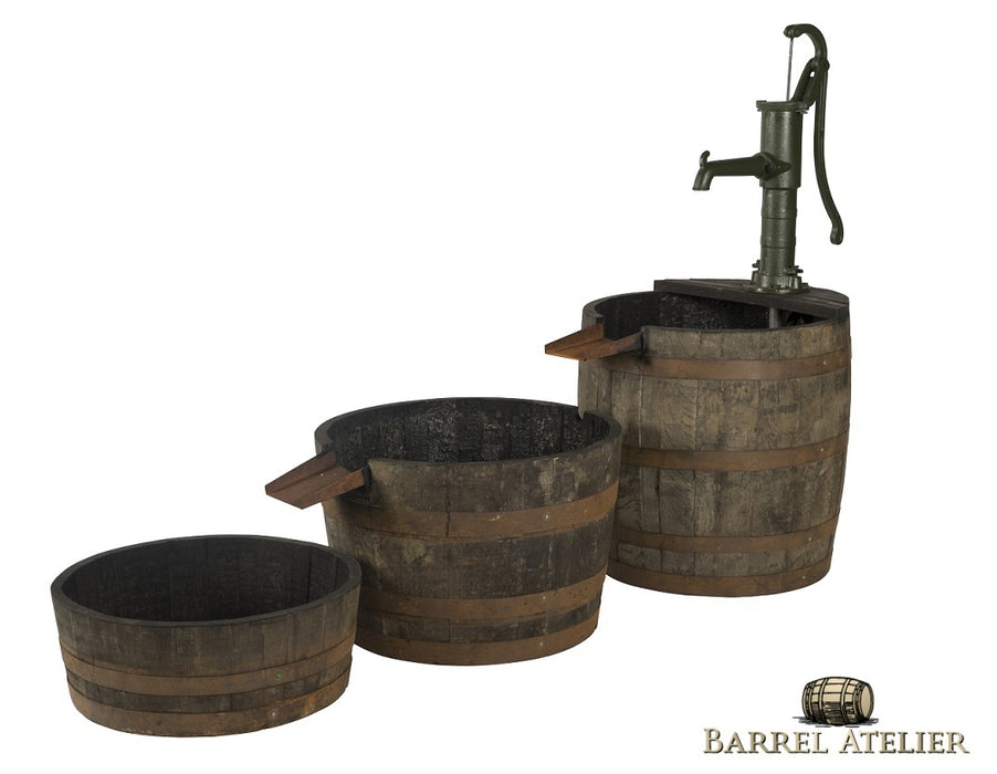 Oak Whisky Barrel Water Fountain - 3 Pieces with Cast Iron Pump