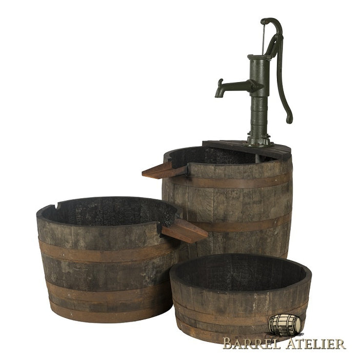 Oak Whisky Barrel Water Fountain - 3 Pieces with Cast Iron Pump