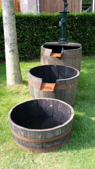 Oak Whisky Barrel Water Fountain - 3 Pieces with Cast Iron Pump