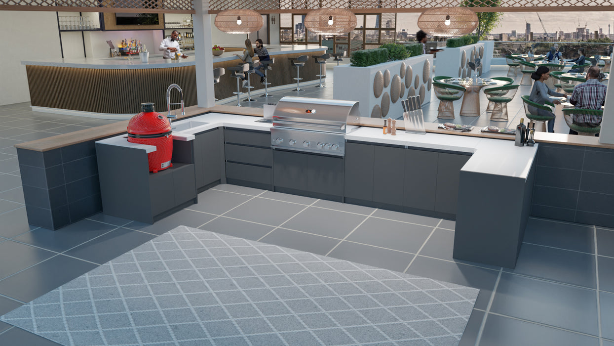 Whistler Fairford Grey Outdoor Kitchen with Burford 5-Burner BBQ | Dimensions 2.3m x 4.8m x 1.6m