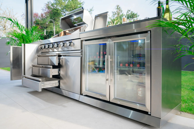 Goriller Outdoor Kitchen SilverBack| 6-Burner Gas Grill, Double Door Fridge and Sink | 3m