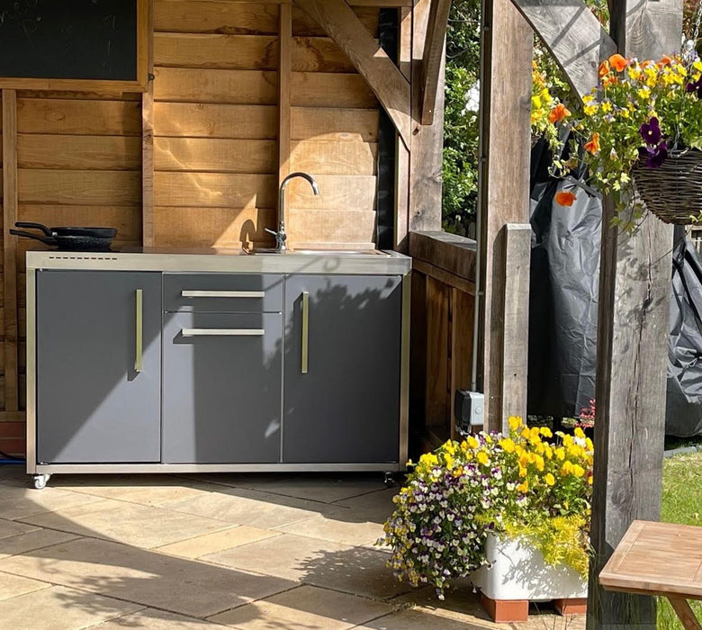 Elfin Compact MO 150S Outdoor Kitchen - With Sink on the Right, Fridge on the Left & Hob on the Left - Slate Grey