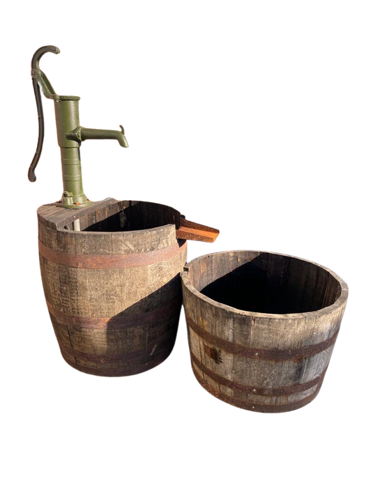 Oak Whisky Half Barrel Water Fountain - 2 Pieces with Iron Pump