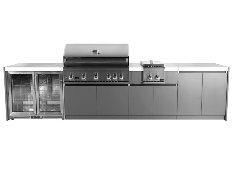 Whistler Fairford Grey Outdoor Kitchen 5-Burner BBQ, Fridge and side Burner | 3.6M Full-Length