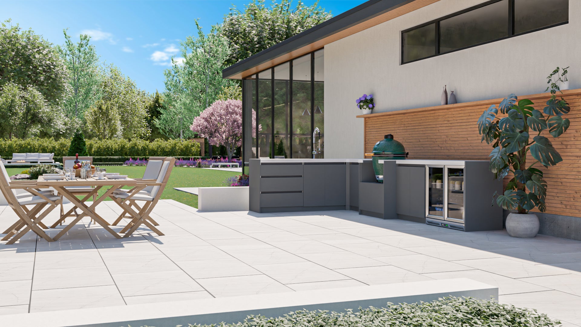 Whistler Fairford L-Shaped Grey Outdoor Kitchen with Big Green Egg | Dimensions 2.3m x 4m