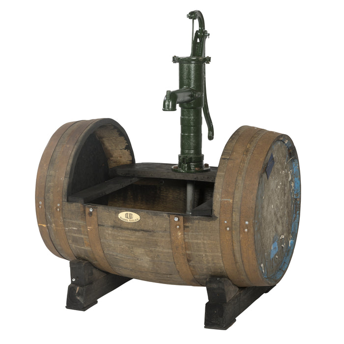 Oak Whiskey Barrel Lying Down with Cast Iron Pump